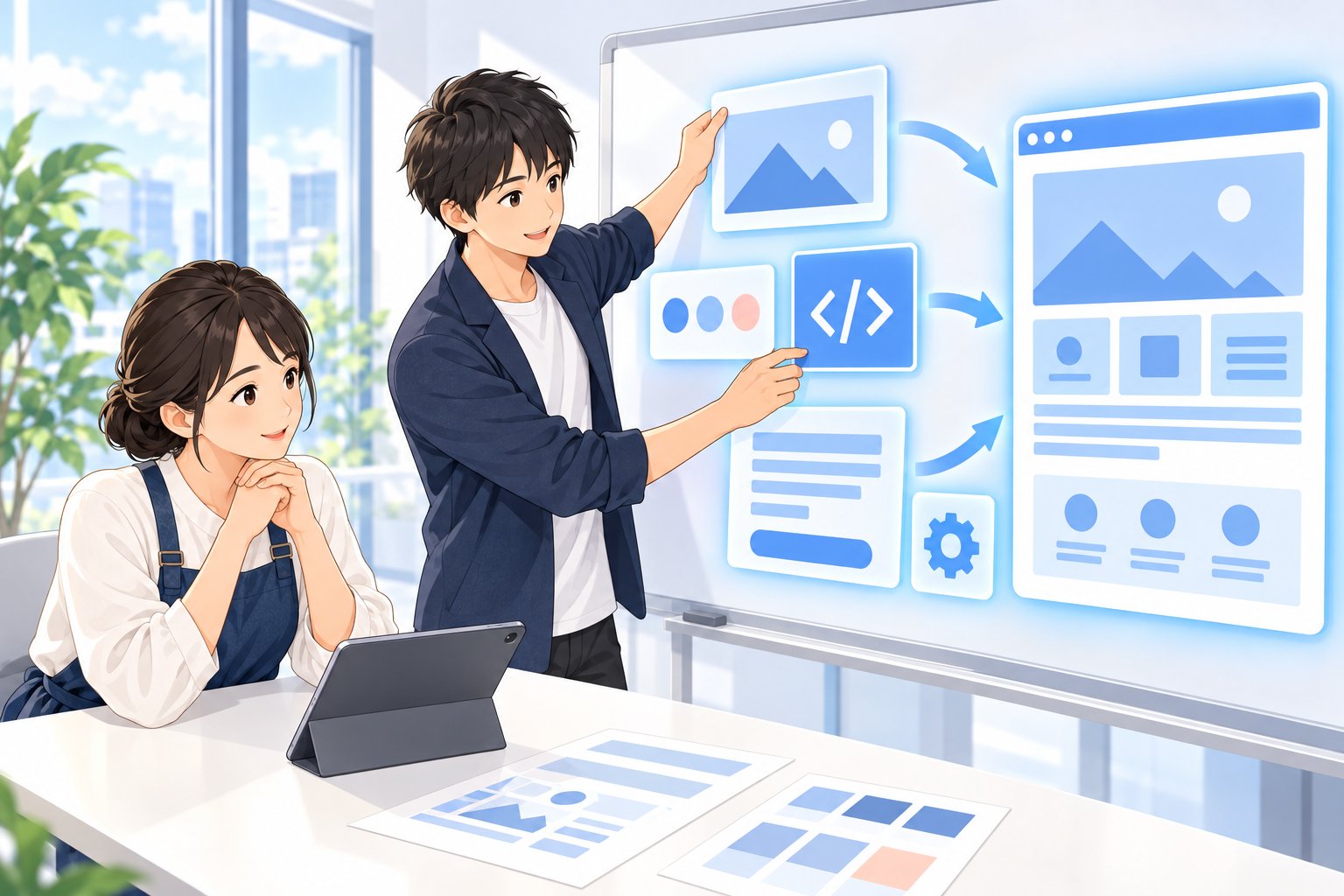 制作者がホームページの部品を組み立てて費用の内訳を説明するイメージ