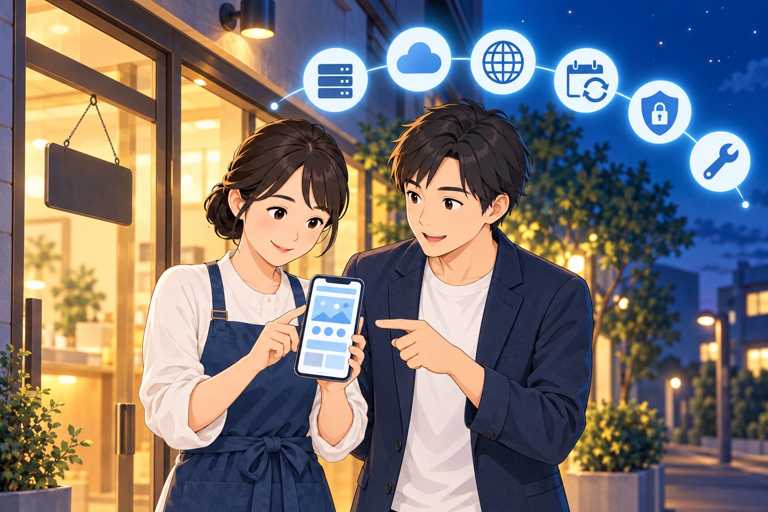 公開後のホームページをスマホで確認する店主と制作者。サーバー・ドメイン・保守の費用のイメージ