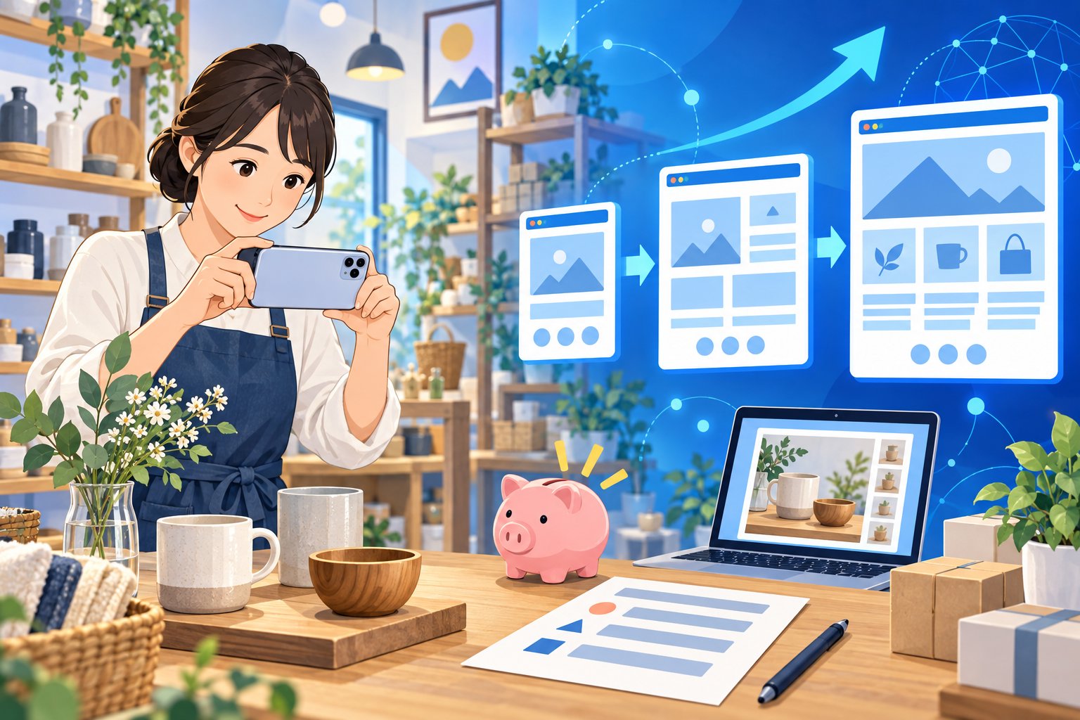 写真や文章を自分で用意してホームページ制作の費用を抑える店主のイメージ