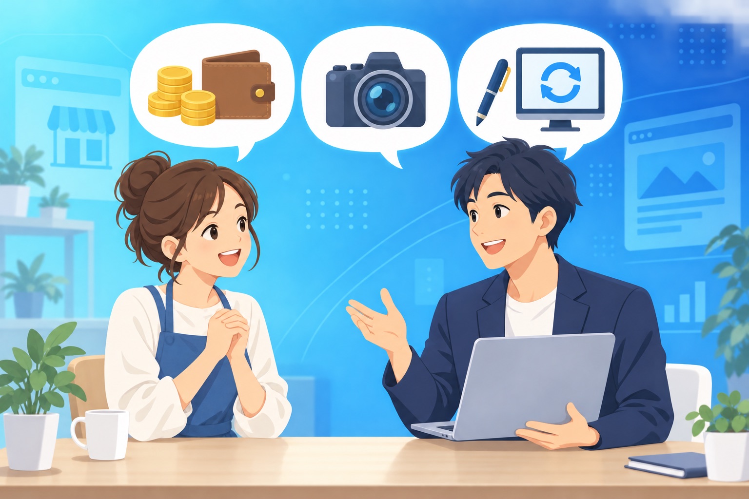 個人事業主のホームページ制作でよくある悩み（予算・写真・更新）を相談しているイメージ